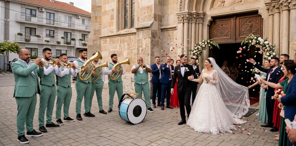 Mladenci izlaze iz crkve trubači